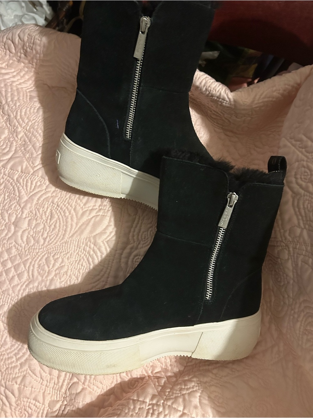 J/SLIDES Black Suede Platform Zip Ankle Boots with Cream Sole